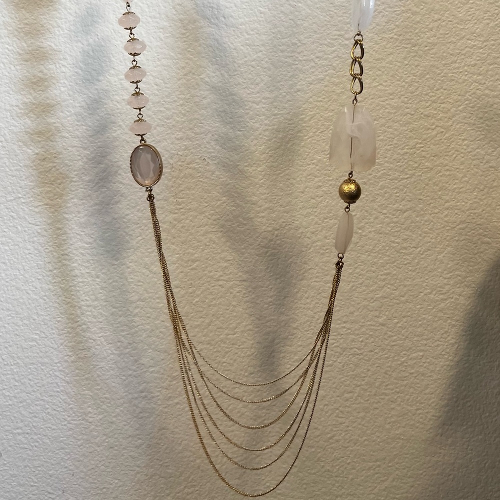 Nordstrom Rack statement necklace, gold tones with light pink stones.